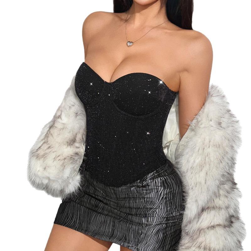 Damen Glitzer-Bandeau-Top Clubwear – Funkelndes trägerloses Party-Top mit metallischem futuristischem Glanz, Sexy Ausgeh-Oberteil