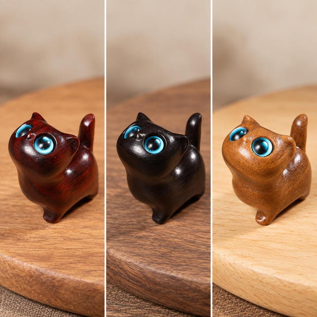 Wooden Cat Figurine Smooth Collectible Cute for Desk, Display