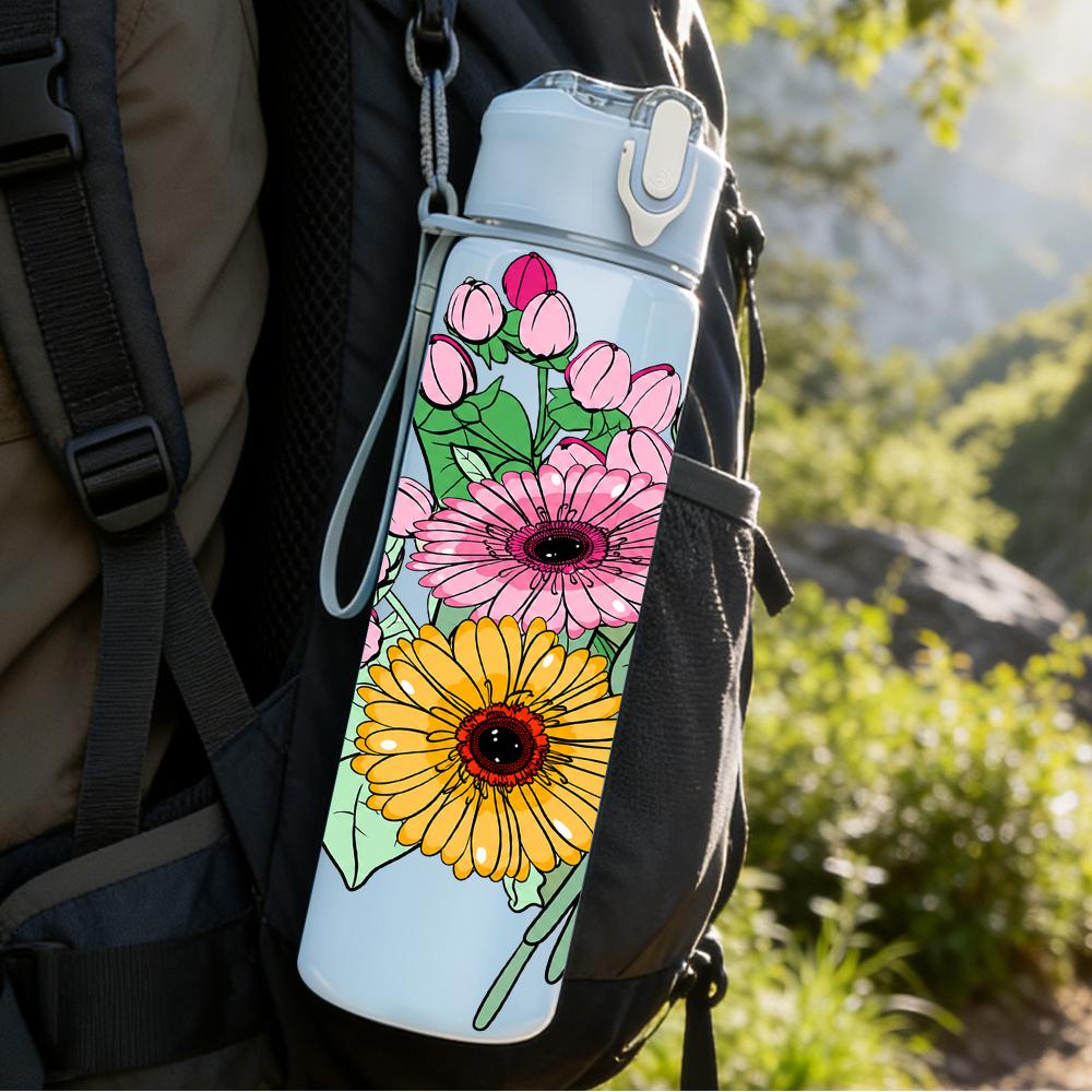 1PC Daisy Sunflower Mixed Floral 750ml Color Plastic Sports Water Bottle Leakproof Flip Straw Lid Suitable for Sports Office Home Use