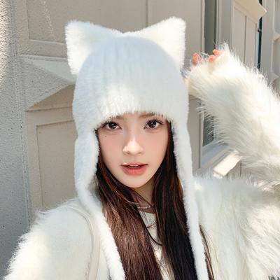 Neue Koreanische Mütze für Damen im Herbst und Winter Einfarbige Gestrickte Wollmütze Niedliche Katzenohren Winddichte Warme Gehörschutzmütze