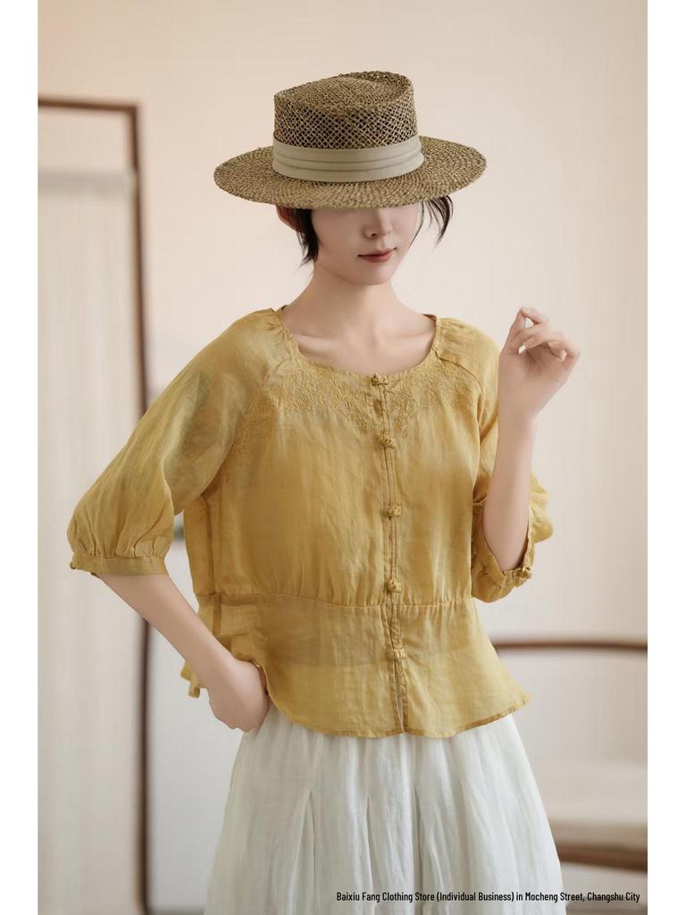 Women's Artistic Embroidered Linen Shirt - Summer 2026, Round Neck, Pleated, Loose Fit, 3/4 Sleeves, Chinese Style.