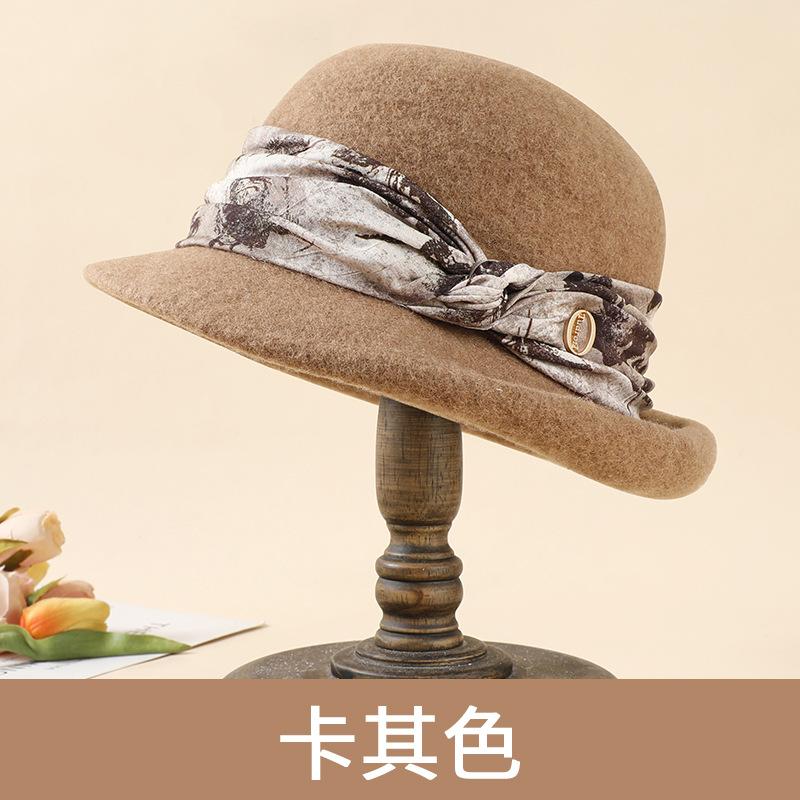 Wool Hat Women's Autumn and Winter Versatile Basin Hat Wool Blended Retro Elegant Top Hat Rolled Brim Bucket Hat