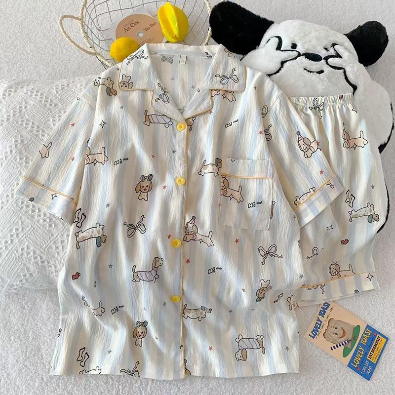 Women's Summer Cloud Cotton Pajama Set: Sweet Cute Cardigan with Short-Sleeved Top and Shorts.