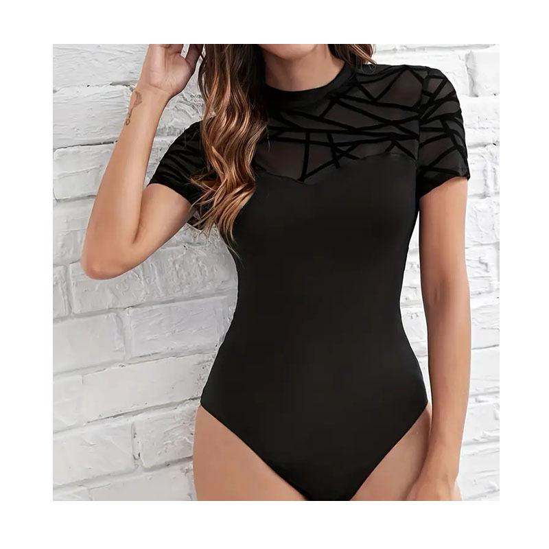 Sheer High-Neck Short Sleeve Bodysuit for Yoga