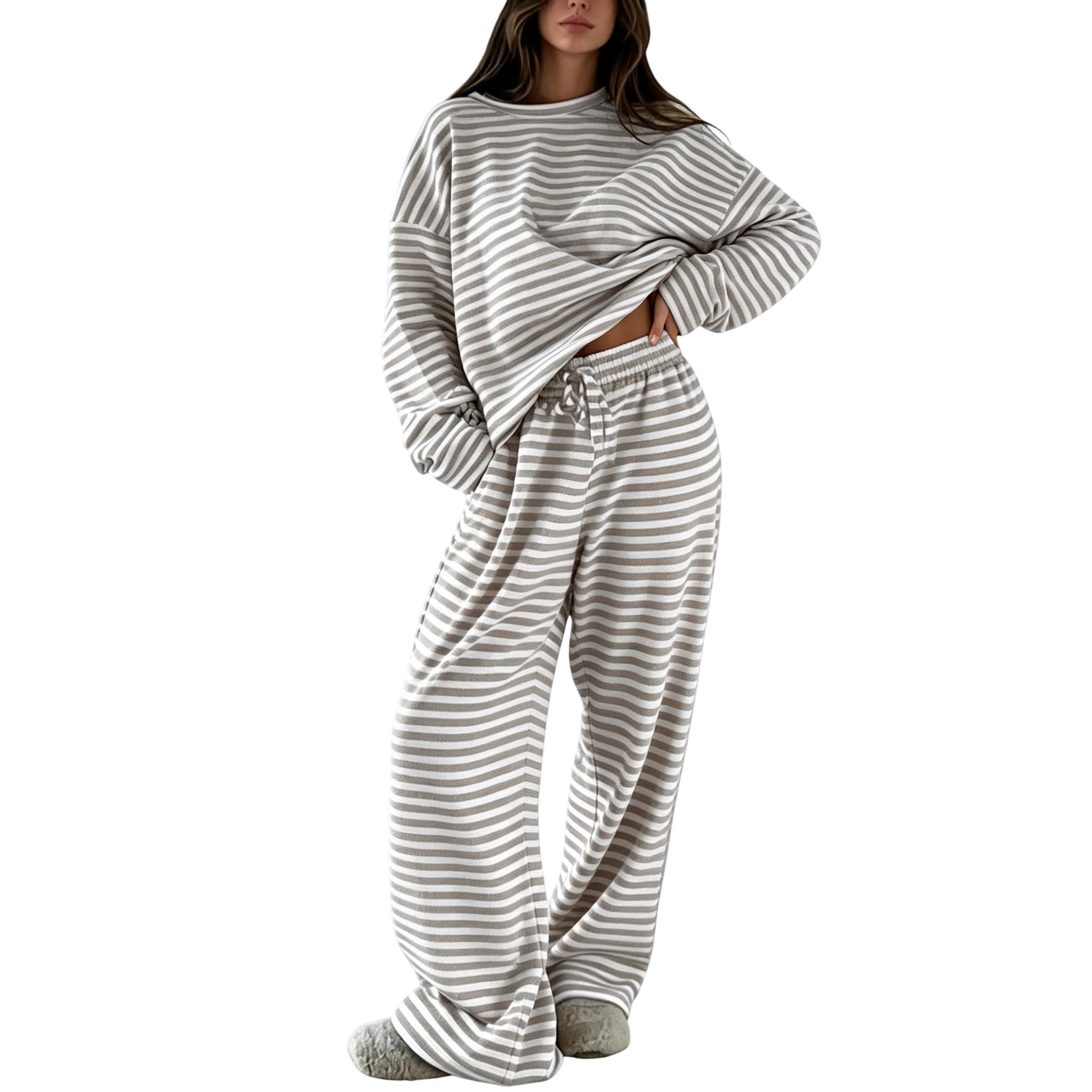Set de damă cu dungi din 2 piese, cu top cu mânecă lungă și pantaloni cu talie înaltă S bej