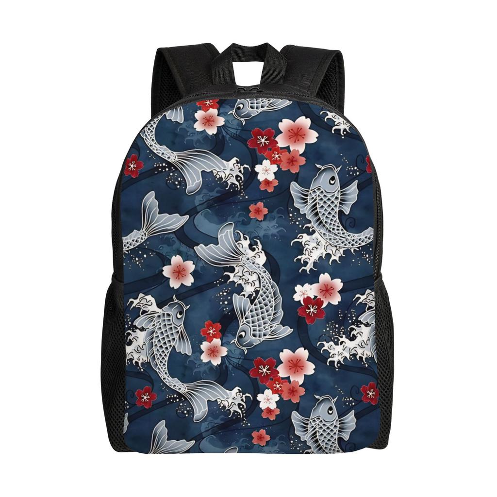 Blumen-Koi-Kirschblüte in Blau Schultasche Herren Sportlich Modisch Rucksack Große Kapazität Laptop-Tasche Zurück zur Schule Saison