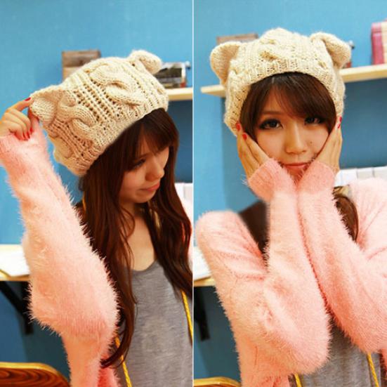 Women's Winter Knit Crochet Braided Cat Ears Beret Beanie Ski Knitted Hat Cap