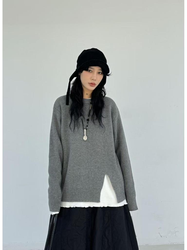 Becabeau Women's Winter Loose Knit Sweater, Plus Size, Korean Casual Style, Split Design, Crew Neck