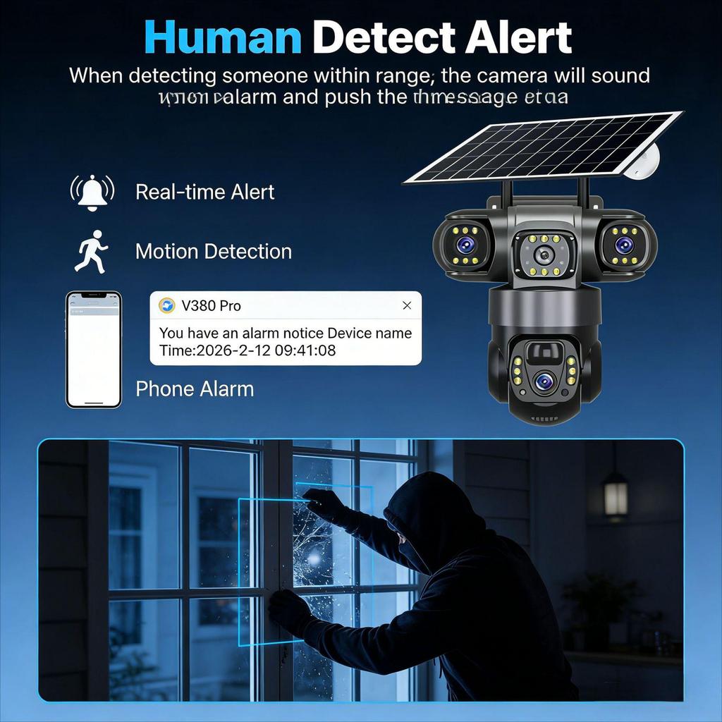 360° Panoramic 3-Lens Wireless Solar Camera with AI and 3-Screen Monitoring