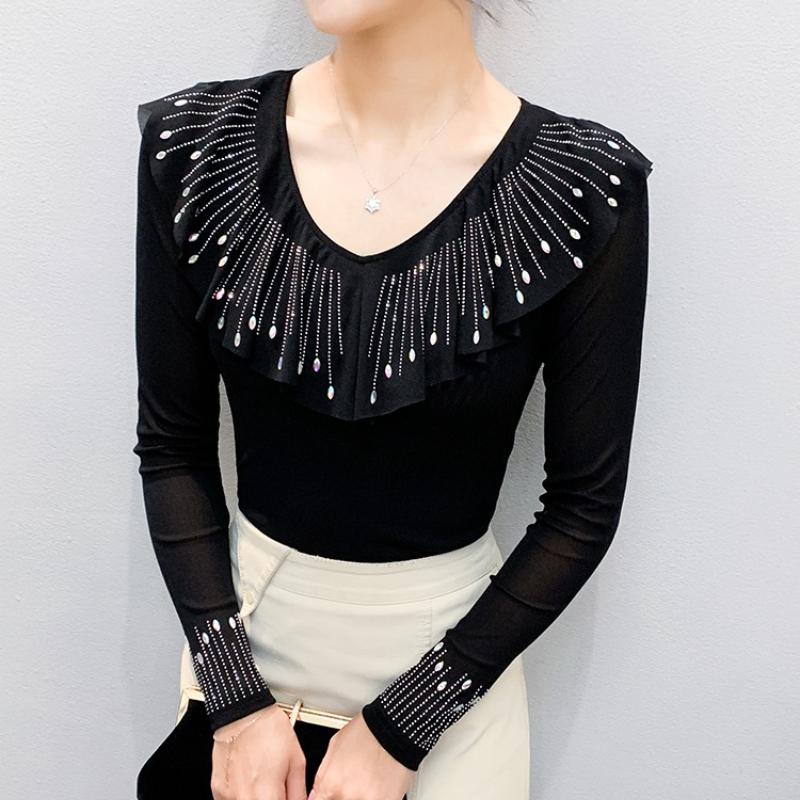 Spring Autumn Women's Ruffles Hotfix Rhinestone T-Shirt Elegant Full Sleeve Tees Slim Ladies Tops