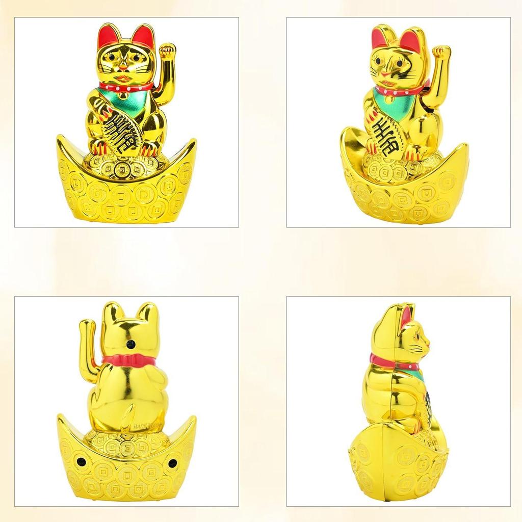 Decorative Showpiece –Feng Shui Cat Sitting On Money Ingots |Golden Waving Hand Cat |Symbol of Good Luck, Wealth, Health & Happiness