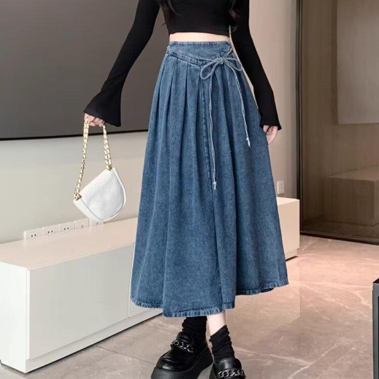 Women's Retro Strappy Denim A-Line Skirt - High-Waist, Slim Fit, Mid-Length - New Spring Style