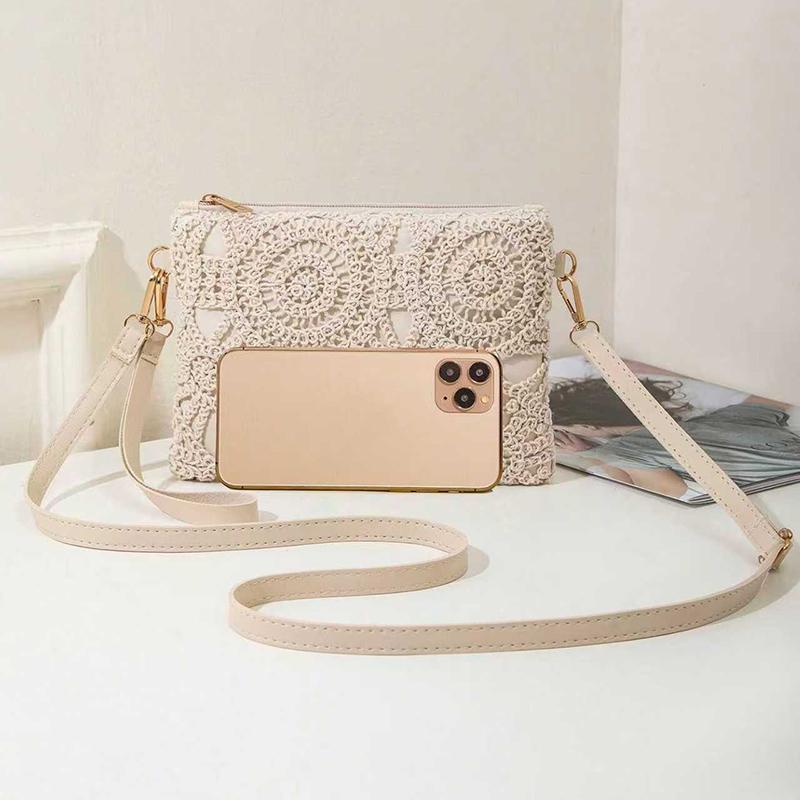Yogodlns Korean Versatile Crossbody Crochet Bag, New Straw Woven Bag, Zipper Closure, Retro Casual Beach Flower Women's Bags