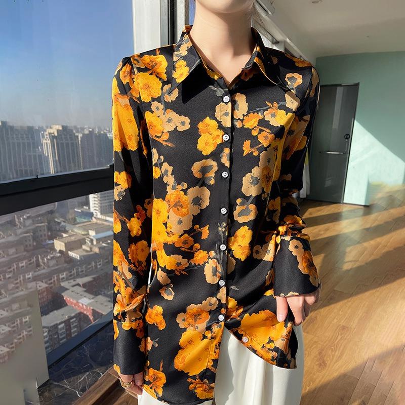 

Spring and Summer New Shirts for Women High-end Printed Shirts Acetate Silk Mid-length Fashionable Commuting Tops M