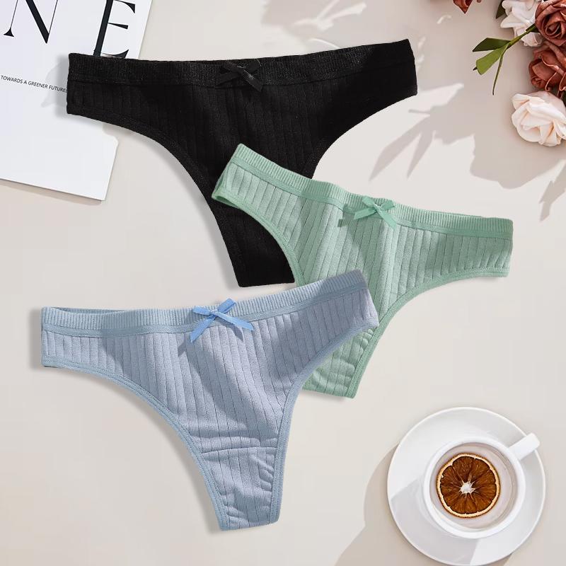 Duży Rozmiar 3 Szt. Damskie Bawełniane Stringi Seksowne Prążkowane Oddychające Majtki Codzienna Urocza Bielizna z Kokardką Dziewczęca Niska Talia G-String Lingerie