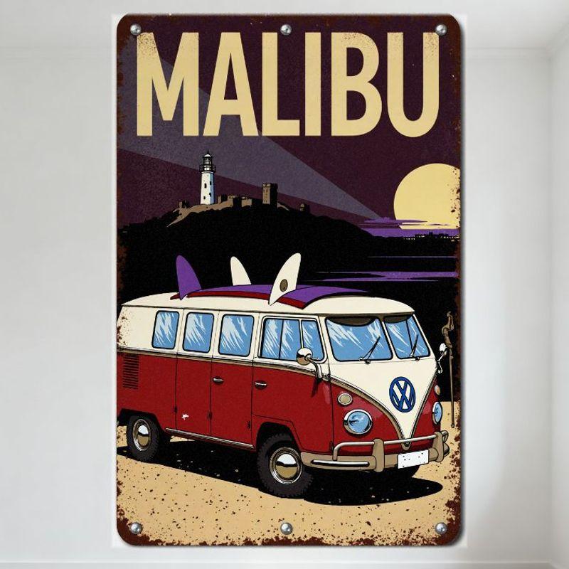 Винтажная металлическая жестяная табличка VW Bus Malibu Beach Ретро 60-х 70-х Серфборд Пляжный пейзаж Маяк Замок Луна Потертый настенный декор 20x30cm（7.8x11.8inch）