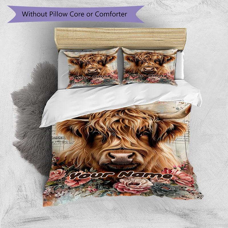 3PC Custom Name Highland Cow Floral Art Bedding Set Printed Bedding Set Duvet Cover Closure Includes 1 Duvet Cover & 2 Pillowcases for All Seasons Bed