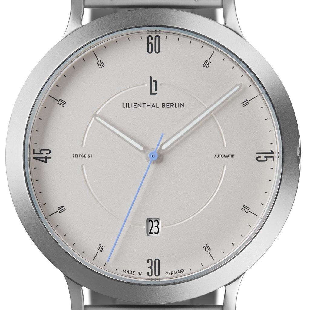 Lilianthal Berlin Zegarek Automatyczny z Datownikiem i Szkieletem Wykonany w Męskim Tyłu, Niemcy, Srebrny, Z01-101-B040A