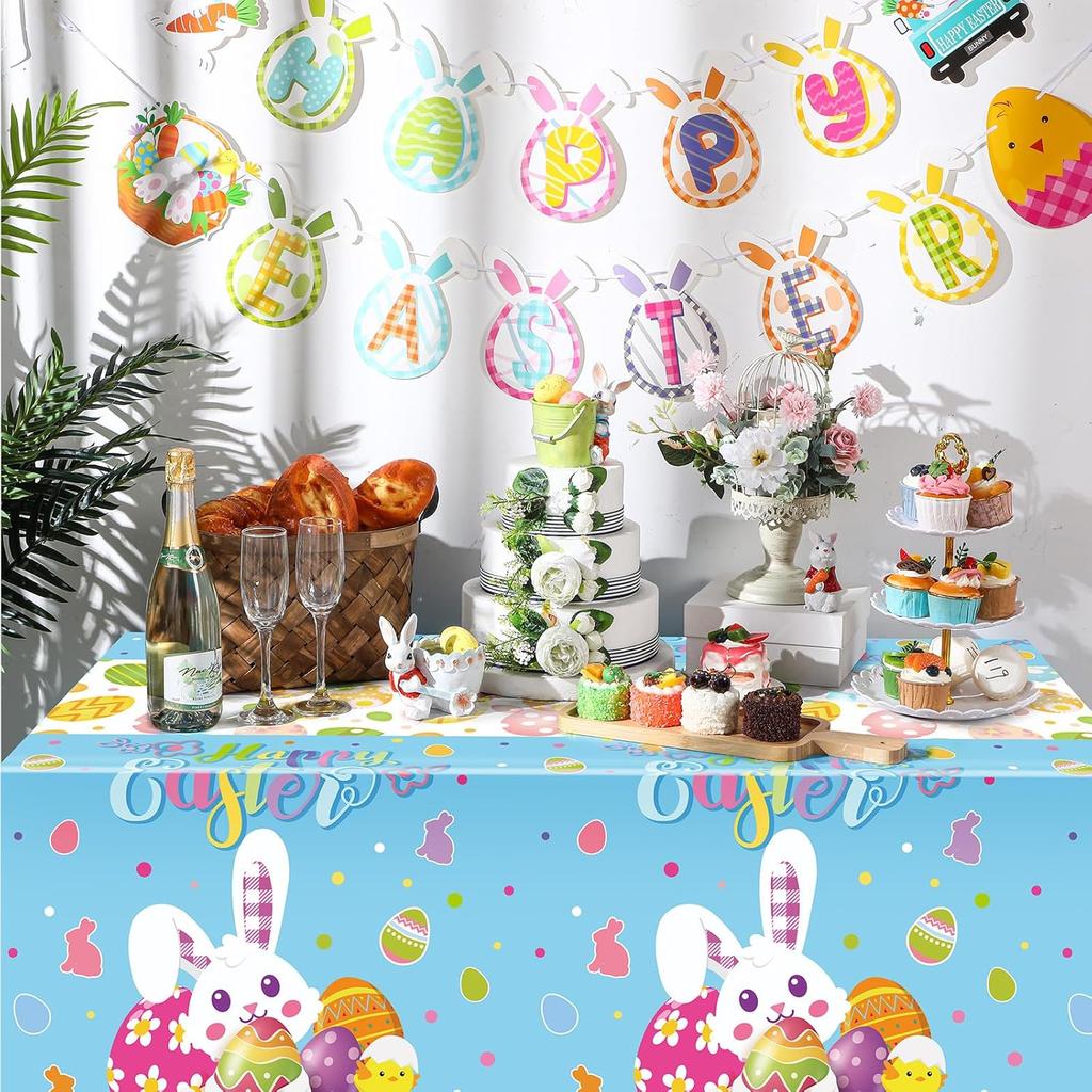 VitalCozy 3 Pcs Easter Tablecloth 54 x 108 Inch Spring Easter Table Cover Disposable Plastic Tablecloths Rectangle Table Cloth for Indoor Outdoor