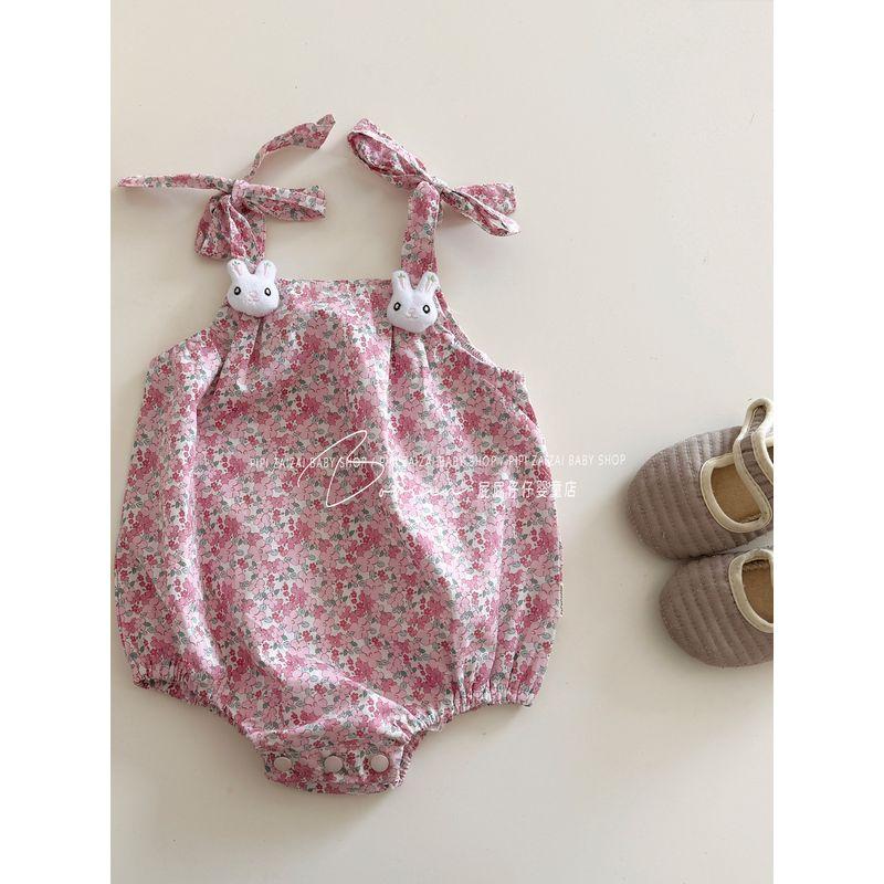 2025 Summer New Floral Print Sleeveless Romper for Baby Girls, Thin Summer Style Strap Bodysuit