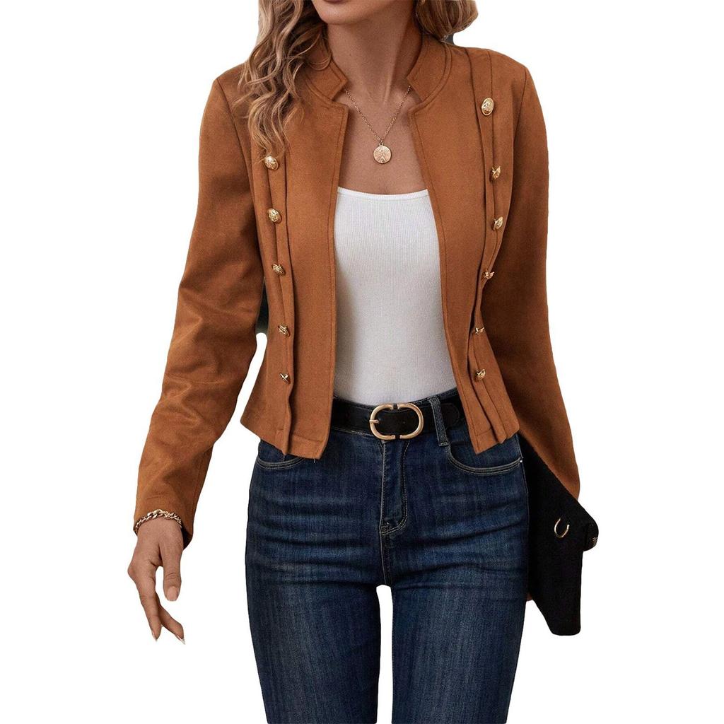 Damen Einfarbige Zweireiherjacke Wildleder Vintage Langarmjacke