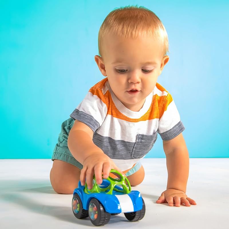 Bright Starts Oball Rattle & Roll [6 months+] Sports Car Stroller Toy, Teether, Rattle, Baby Shower Gift, Blue 81559