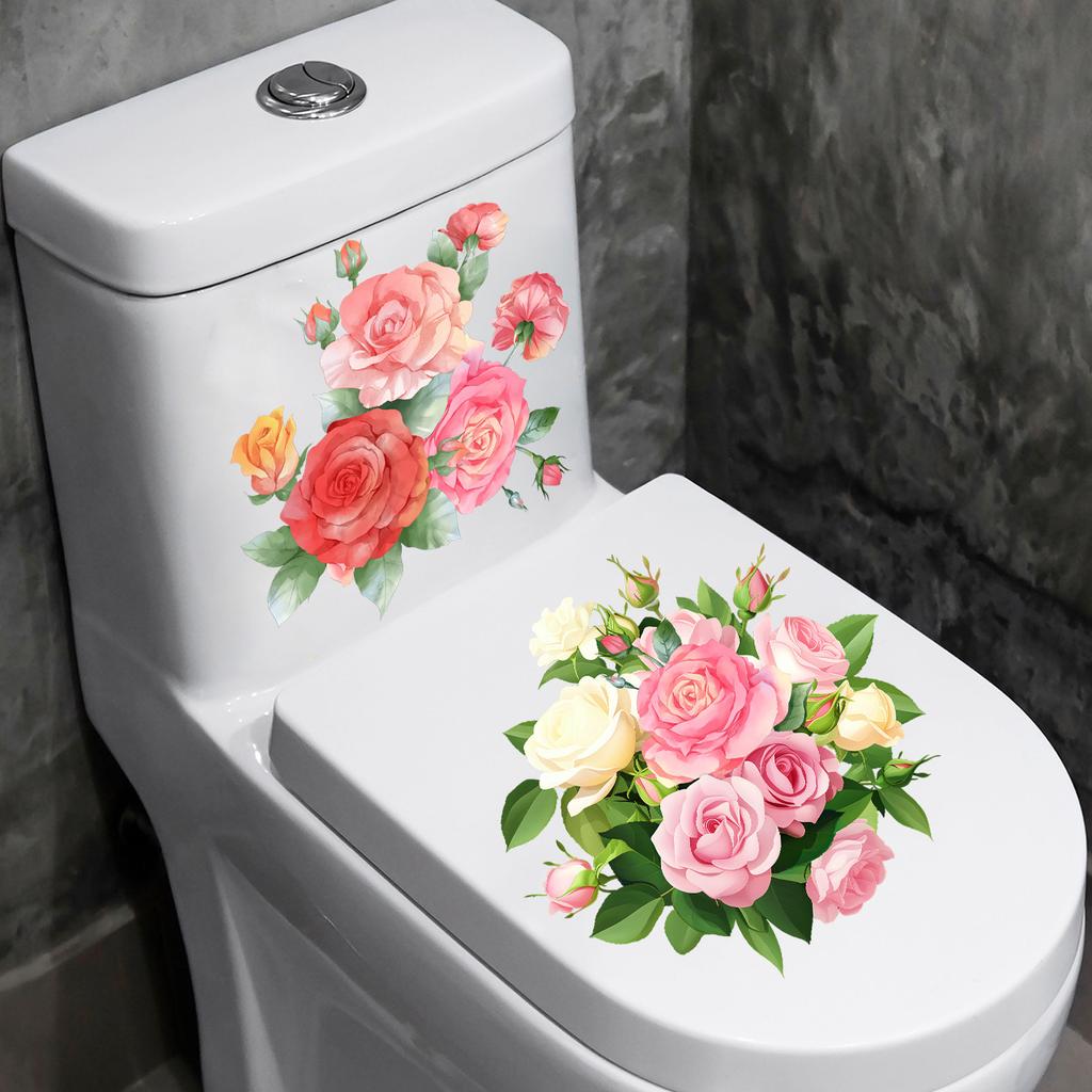 Hand Painted Pink White Flowers Toilet Sticker Self-Adhesive Removable for Bathroom Decoration