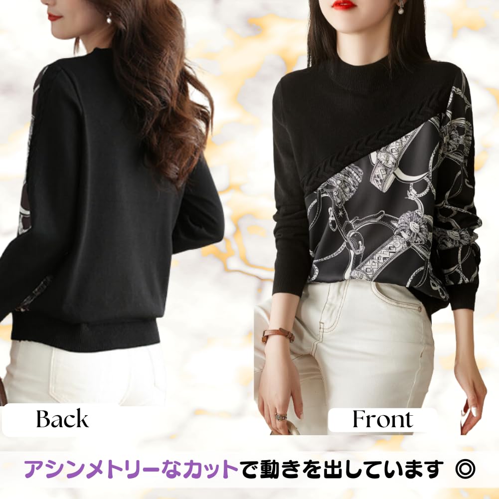 Scarf Print Knit Long Mixed Material Mock Loose Ribbed Knit Stylish and Perfect for the Dinner or Any Casual Slim Attractive Slim Slim Size M