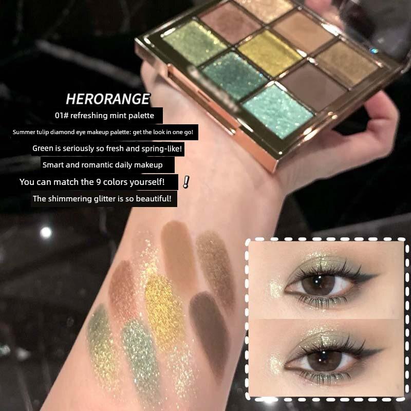Herorange Green Eyeshadow Palette with Sparkling Multi-Color Pearlescent Colors, Glossy Pink, Everyday Light Makeup, Blue