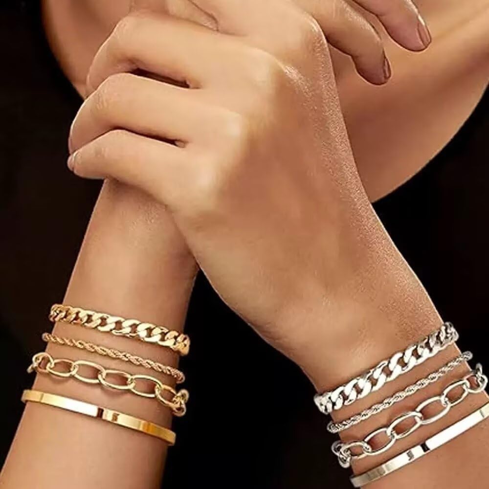 16k Chunky Gold Bracelets for Women Trendy Womens Gold Bracelet Stack Layered Chunky Chain Bracelets Waterproof Link Cuff Herringbone Bracelet