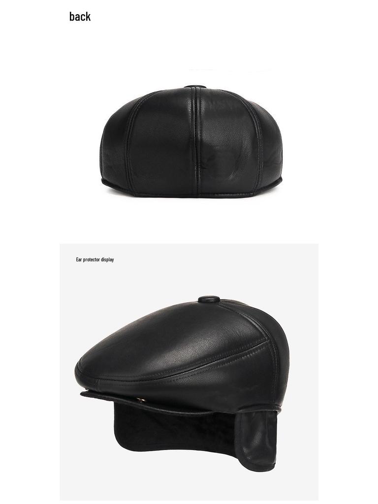 Men's Autumn-Winter Velvet-Lined PU Duckbill Cap with Ear Protection for Elderly