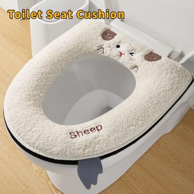 Comfortable Cartoon Toilet Seat Cover Thickened Warm Toilet Seat Cushion Detachable Washable Velvet Toilet Seat Bathroom