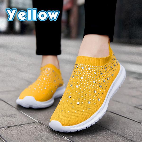 Modische Damen-Schuhe aus leichtem, atmungsaktivem Mesh, elastisch, gestreift, mit Regenbogen-Strasssteinen