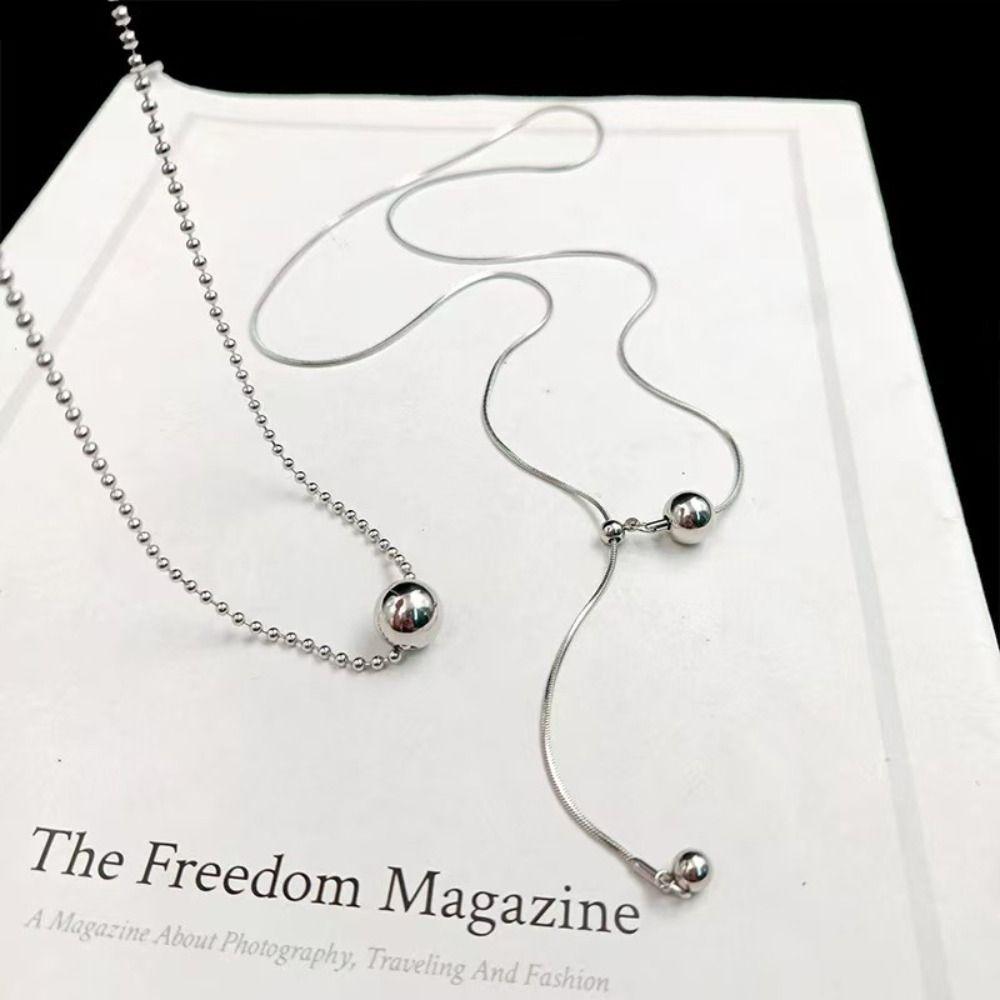 Silver Color Beaded Necklace Adjustable Sweater Chain Pendant Necklace  Women Jewel