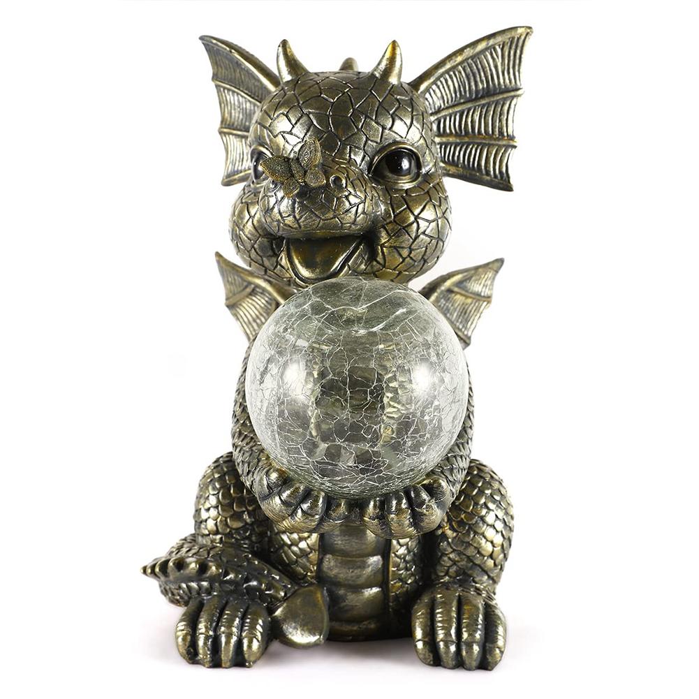Resin Adorable Baby Dragon Figurines with Solar Light Waterproof Garden Sculpture Cute Dragon Statue for Patio Yard Lawn Porch