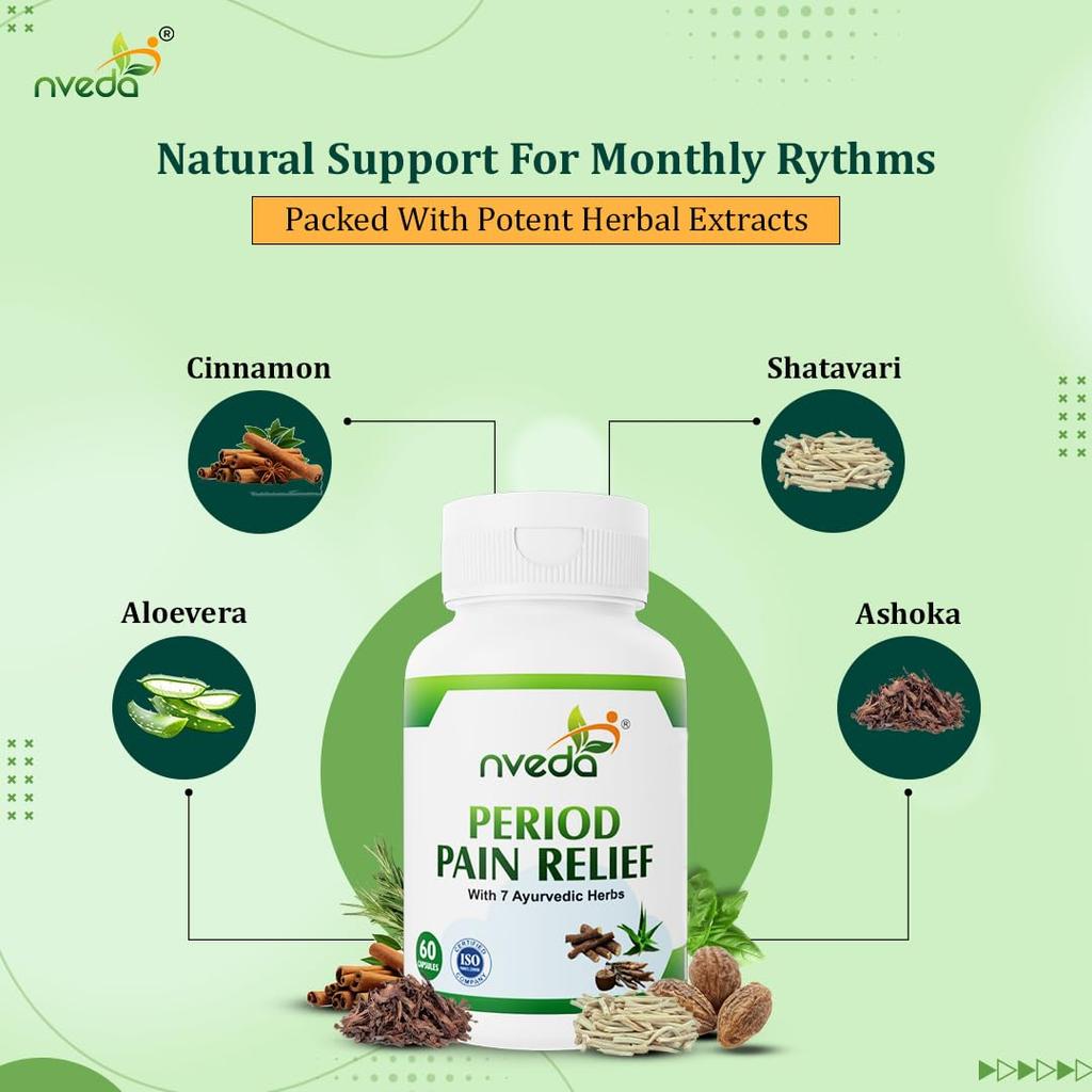 Nveda Natural Menstrual Pain Relief Capsules for Women, 60 Count, Reduces Cramps, Stress & Fatigue