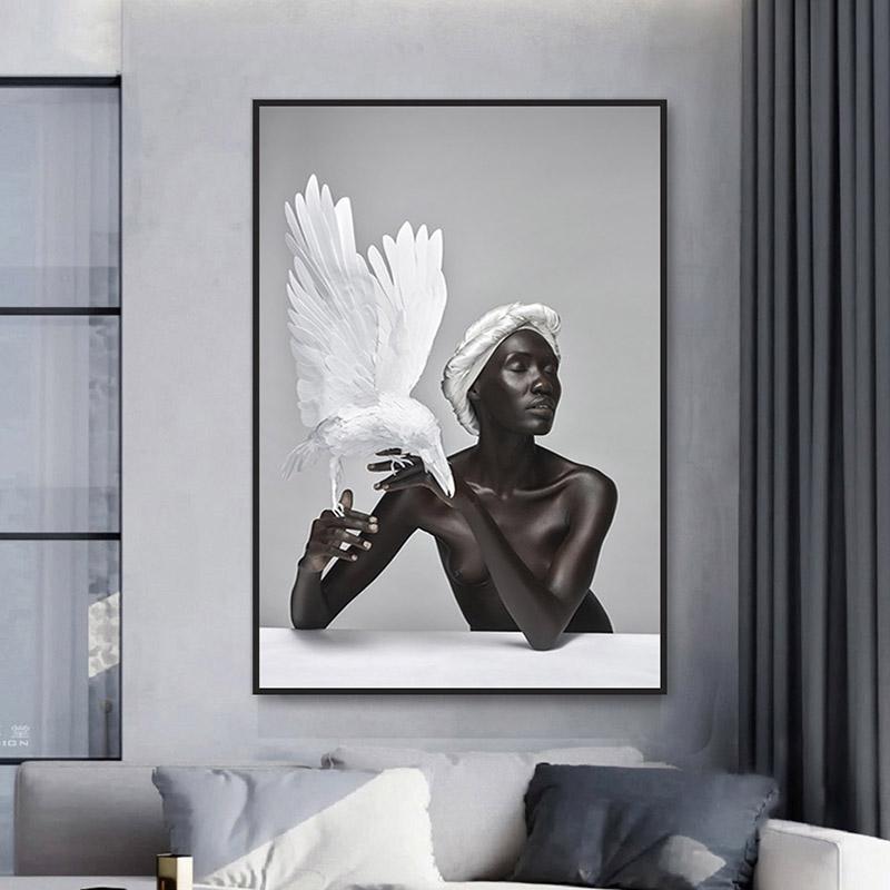 Nude African Woman Canvas Poster Feather and Black Women Oil Painting Scandinavian Decorative Picture for Living Room Wall Decor