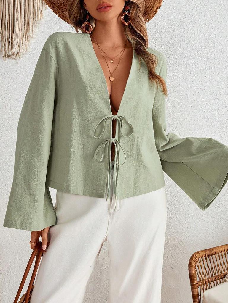 2025 Lace-Up V-Neck Long-Sleeve Top: European & American Cross-Season Casual Women's Fashion
