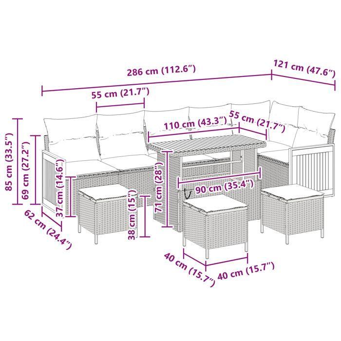 Set of 10 Pieces of Garden Sofas with Beige Cushions Poly Rattan Acacia, 2-Seater Garden Sofa with 3363332