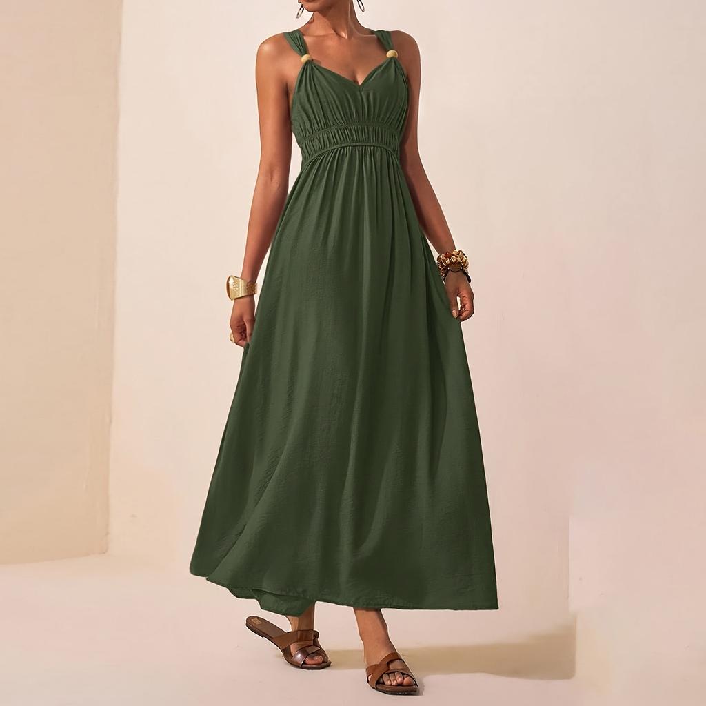 Abito Lungo Estivo da Donna Senza Maniche Scollo a V Vita Stretta Spiaggia Vacanza Casual Svasato Linea ad A Abito Lungo Maxi