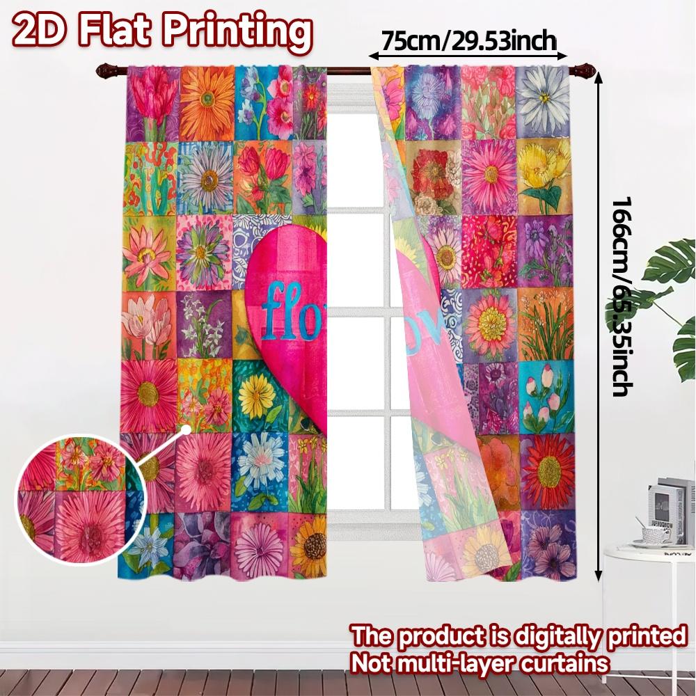 2D Flat Printing  JIT 2pcs   Curtains (Without Rod) FloralHeartPatchwork Chic Curtain Fabric Polyester Curtains Decorations Inside