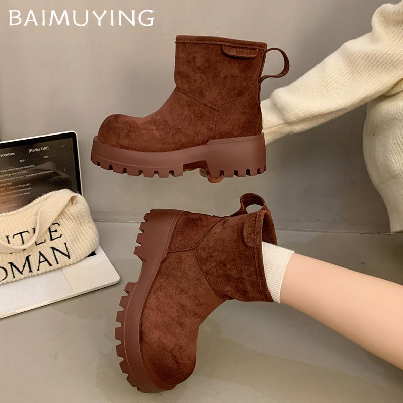 Suede Platform Women Ankle Boots Designer Short Plush Chunky Mid Heels Shoes 2025 Trend Winter New Pumps Warm Botas De Mujer