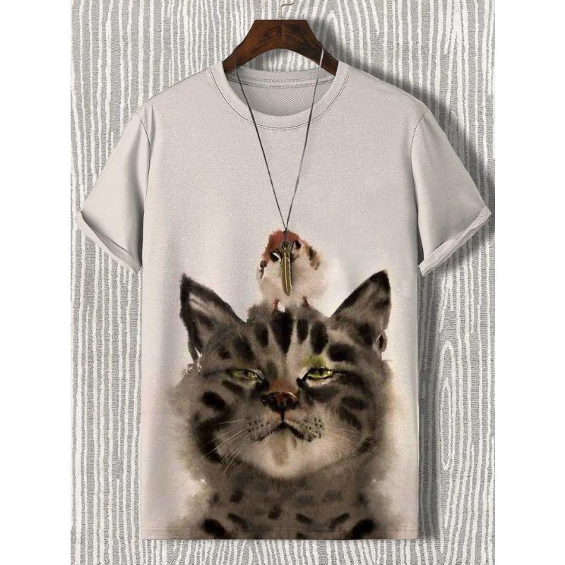 Men's T-Shirt Japanese Style Samurai Cat Graphic 3D Printed T-Shirt Casual Short Sleeved Tee Outdoor Oversized Men Clothing Tops