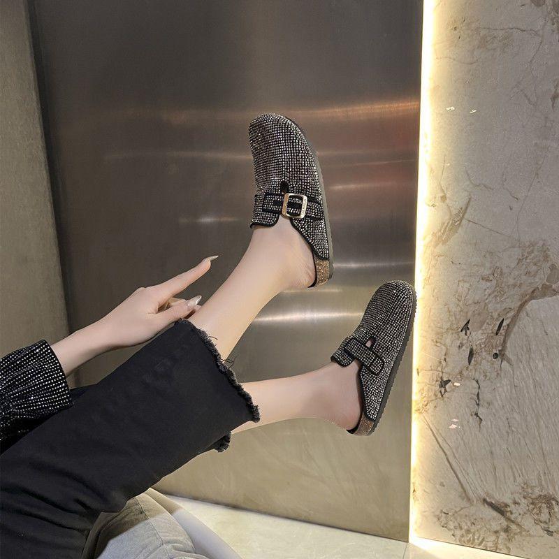 Non-slip Low-heeled Casual Single Shoes Fashionable Round Head Comfortable Versatile Feet Small Rhinestone Half Tray Women's Spring New Models