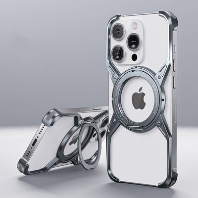 Metall Aluminium Legierung für Magsafe Stand Telefon Fall für iPhone 16 15 14 13 Pro Max Magnetische Hohl Randlose Stoßfest stoßstange Fall Funda