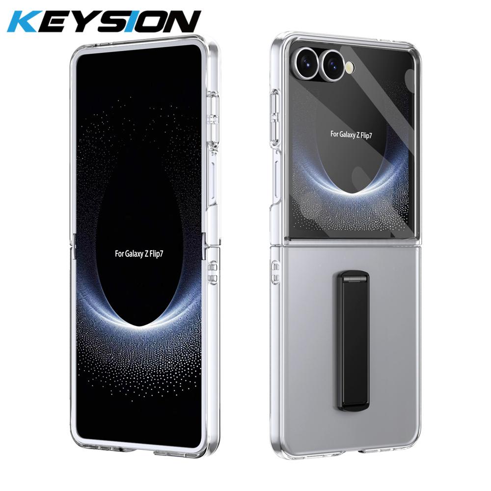 

KEYSION Transparent Case for Samsung Galaxy Z Flip 7 Hard PC Metal Kickstand Shockproof Phone Cover with Glass Screen Protector for Galaxy Z Flip 7 чёрный