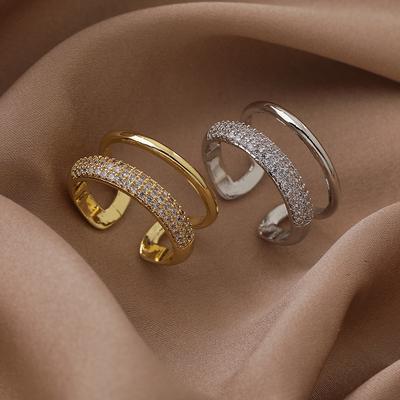Luxury Fashion Gold Color Stainless Steel Double Layer Wide Couple Rings for Women Men Charm Shiny Crystal Finger Jewelry Gift