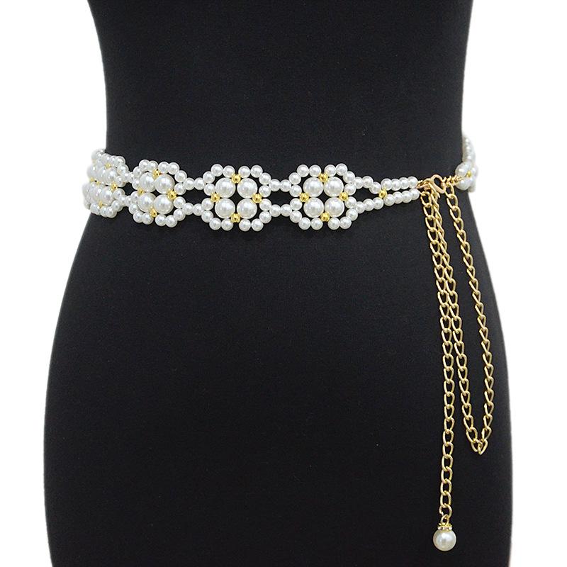 Belt waistband slimming decorative pearl braided beaded thin waist chain with skirt 115cm