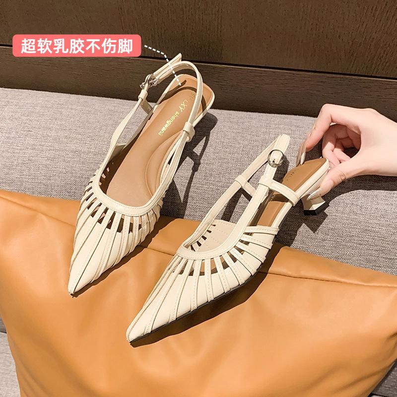 Baotou Sandals Thick Heel Low Heel Hollow Pointed Head Temperament Fashionable Versatile Niche Design Sense with Skirt Sandals