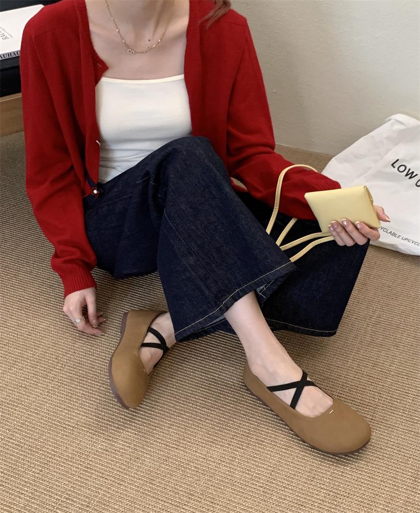

Leather niche round head cross elastic band flat ballet shoes Mary Jane shoes women s summer and autumn 2025 single shoes 40 світло-коричневого кольору